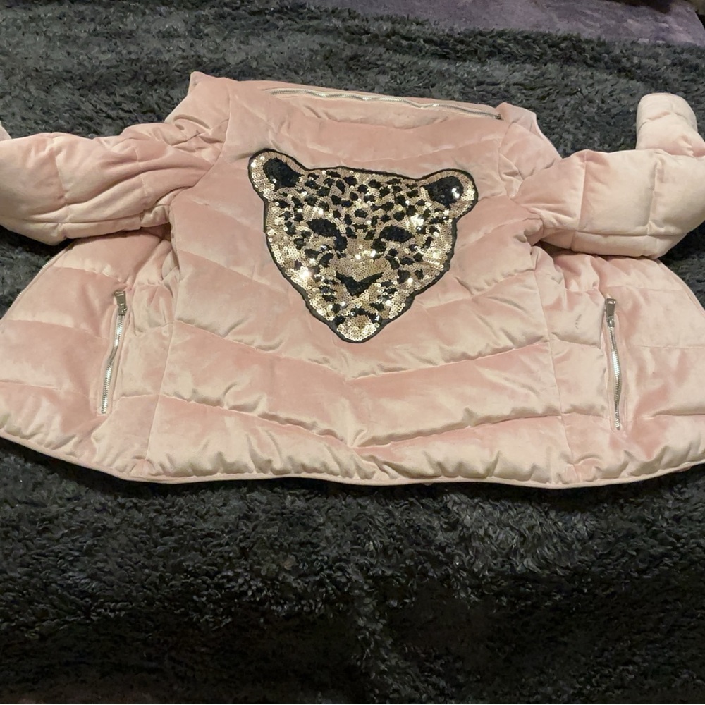 Parisian Leopard Velvet Blush Ladies Puffer Jacket Sz 6 - Picture 4 of 4